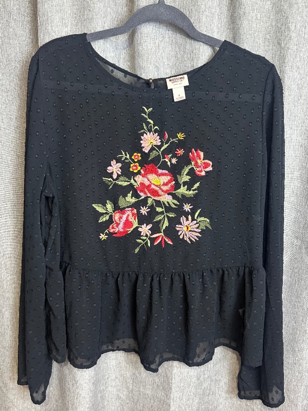 Mossimo Black Swiss Dot Embroidered Peplum Blouse Large